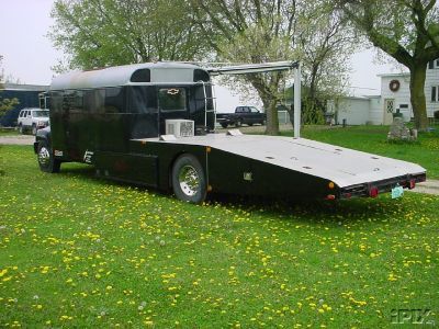 School Bus Toy Hauler, Bus Toy Hauler, Race Car Trailer, Toy Hauler Garage Bed, School Bus Camper With Bunks, Converted School Bus With Bunks, Bus Rv Conversion, Car Hauler Trailer, Toy Hauler Camper