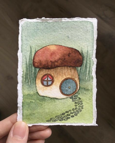 Watercolor Art Cottagecore, Mushroom House Watercolor, Watercolor Art Mushrooms, Cute Watercolor Paintings Easy Aesthetic, Cottagecore Watercolor Painting, Cottagecore Painting Easy, Mushroom Watercolor Paintings, Aesthetic Watercolor Art Ideas, Cute Mushroom Painting