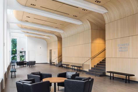 This renovation at the Columbia University Irving Medical Center makes a statement from the street, but its interiors are soft and refined. Ash wood slats on the wall are crafted similarly to a boat's hull. The project was a Best of Year 2018 honoree for Higher Learning project. University Interior Design, College Wall Decor, Auditorium Design, Classroom Interior, Interior Design Colleges, Interior Design Programs, Campus Design, Lobby Interior Design, Interior Design Courses