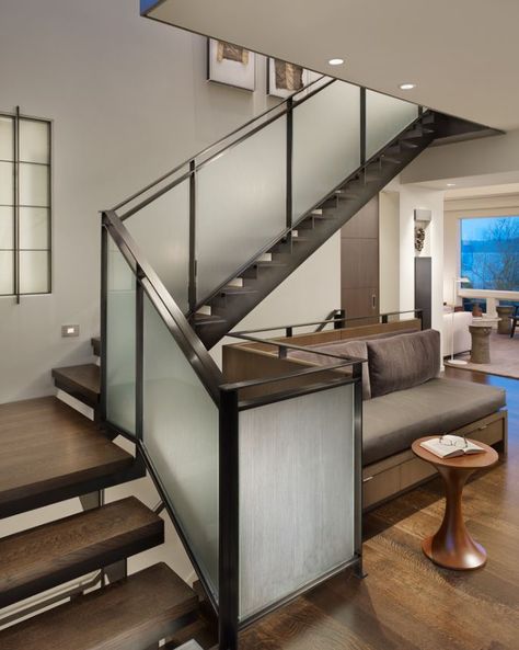 frosted glass and metal balustrade Frosted Glass Railing, Glass Stair Railing, Stair Railing Ideas, Glass Staircase Railing, Glass Railing Deck, Glass Stair, Glass Railing Stairs, Staircase Railing Design, Wrought Iron Stairs