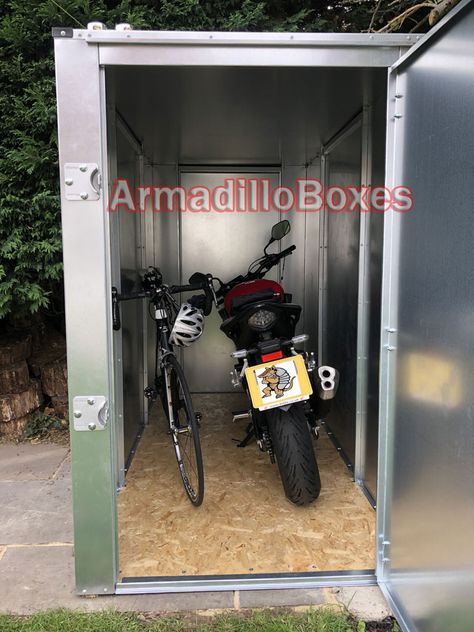 Motorcycle shed motorbike storage Motorcycle Shed Ideas, Motorbike Shed, Motorbike Storage, Motorcycle Storage Shed, Motorcycle Storage, Out Of Mind, Bicycle Storage, Motorcycles And Scooter, Motorcycle Garage