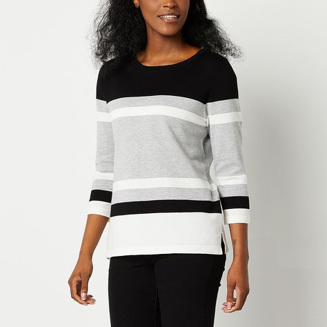 Liz Claiborne Womens Crew Neck 3/4 Sleeve Striped Pullover Sweater - JCPenney Striped Pullover, Large Sweaters, Small Sweater, Striped Sweater, Three Quarter Sleeves, Liz Claiborne, Stripe Sweater, Soft Knits, Sweater Shop