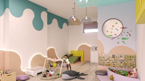 Creche Design Day Care, Kindergarden Interiors, Preschool Design Interior, Day Care Center Design, Kids Ministry Ideas, Heavens Interior, Daycare Interior Design, Daycare Design Ideas, Kindergarten Classroom Design