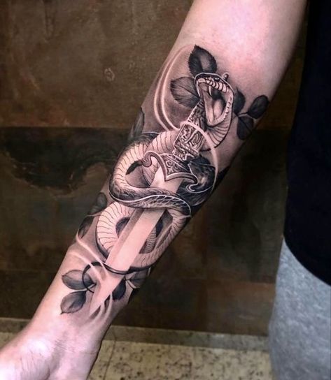 Forearm Tattoo Snake Men, Snake With Knife Tattoo, Cobra Forearm Tattoo, Cobra Leg Tattoo, Snake Forearm Tattoos Men, Snake Dagger Tattoo, Snake And Flower Tattoo, Snake Leg Tattoo, Hermes Tattoo