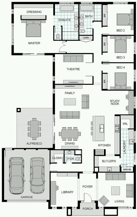 Bathroom Floor Plans, House Floor Design, Home Design Floor Plans, House Layout Plans, Bedroom Floor Plans, Bed Office, Family House Plans, House Blueprints, Bedroom House Plans