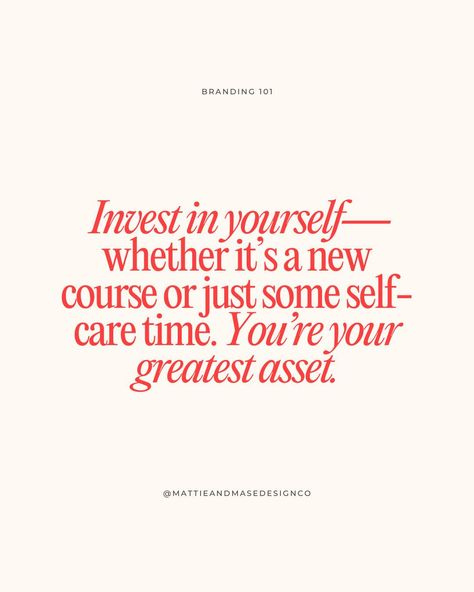 Whether it’s enrolling in that course you’ve been eyeing or simply taking time out for some much-needed self-care, remember—you are your greatest asset. Your business will only grow as much as you do. 🌱 When you invest in yourself, you’re not just enhancing your skills or taking a break; you’re fueling your potential, creativity, and vision. And trust me, that’s the kind of energy that will take your brand to the next level. So today, give yourself permission to prioritize YOU. Because when... Self Investment, Investing In Yourself, Give Yourself Permission, Branding 101, Invest In Yourself, Taking A Break, New Me, Time Out, Trust Me