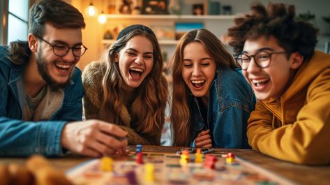 Joyful Boardgame Night: A group of friends share laughter and joy while playing a board game together at night. #friends #laughter #boardgame #fun #joy #evening #gathering #smiles #aiart #aiphoto #stockcake https://ayr.app/l/xr4h Friends Board Games Aesthetic, Game Night Photoshoot, Card Game Photoshoot, Happy Family Pictures, Cafe Photography, New Year Photoshoot, Brand Moodboard, A Group Of Friends, Board Game Night