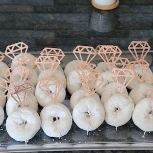 Diamond Ring Donut Topper, Donuts And Diamonds Bridal Shower Ideas, Donut Rings Bridal, Backyard Engagement Party Themes, Bride Shower Ideas Decorations, Brunch And Bubbly Bridal Shower Decor, Engagement Shower Ideas, Bridal Shower Sweet Table, Unicorn Bachelorette