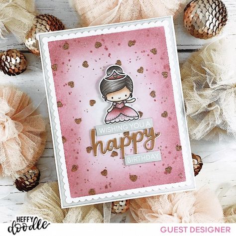 Elaine created this pretty, pink Princess Birthday Card with stamps, dies and a stencil from Heffy Doodle. And what’s a princess without some sparkle? So she used the stencil with metallic paste for some shimmer and shine on her ink …#handmade #crafts #diy featured on CraftGossip and reviewed by our team of Editors Princess Birthday Card, Heffy Doodle, Pink Princess Birthday, Princess Card, Pink Peppermint, Pretty Pink Princess, Birthday Stamps, Copic Coloring, Pink Princess