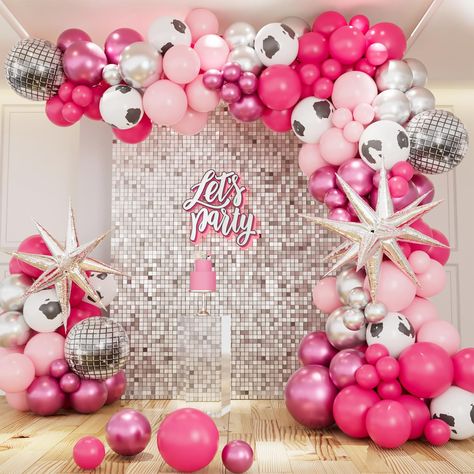 PRICES MAY VARY. Pink Cowgirl Party Decorations - You will get 38pcs hot pink balloons, 38pcs light pink balloons, 33pcs metallic magenta balloons, 33pcs metallic silver balloons, 15pcs cow print balloons, 2pcs star-burst foil balloons, 3pcs disco foil balloons, 1pcs balloon strip chain, 1pcs ribbon and 100 glues. Crafted from natural latex and featuring high-quality foil material, these balloons are truly worth every penny. These meticulously chosen balloons are perfect for a lively cowgirl par Western Birthday Party Decorations, Cowgirl Bachelorette Party Decorations, Disco Cowgirl Birthday Party, Cow Print Balloons, Disco Cowgirl Birthday, Cowgirl Birthday Party Decorations, Hot Pink Balloons, Cowgirl Party Decorations, Cowgirl Bachelorette Party