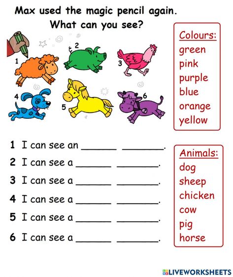 I See Worksheet, Preschool Exercise, See Animals, English Ideas, English Learning Books, Primary English, English Activities For Kids, Learn Japanese Words, Kindergarten Learning Activities