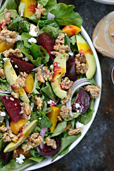 Roasted Beet Salad with Avocado, Goat Cheese, Candied Walnuts and Honey Dijon Vinaigrette - Simply Scratch Avocado Goat Cheese, Goat Cheese And Honey, Cheese And Honey, Salad Quinoa, Beet Salad Recipes, Roasted Beet Salad, Dijon Vinaigrette, Salad With Avocado, Low Carb Meal