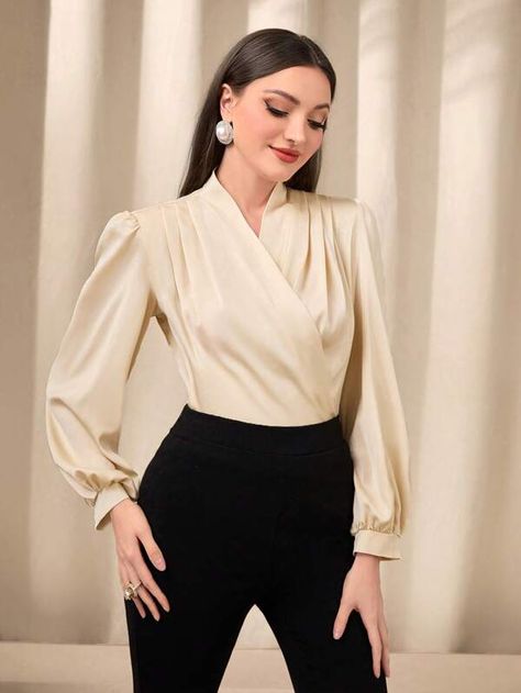 SHEIN Modely Surplice Neck Lantern Sleeve Blouse | SHEIN USA Formal Tops For Women, Formal Tops, Lantern Sleeved Blouses, Lantern Sleeve, Lantern Sleeves, Sleeve Blouse, My Style, Makeup, Dresses