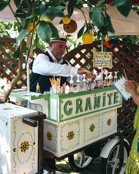 Probably the cutest granita cart ever (in Italy💛) which we transported all the way from #Sicily for our #Capri wedding to serve fresh… Lemon Themed Wedding, Lemon Table Decor, Capri Wedding, Sicilian Wedding, Italy Party, Lemon Wedding, Sicily Wedding, Amalfi Coast Wedding, Lake Como Wedding