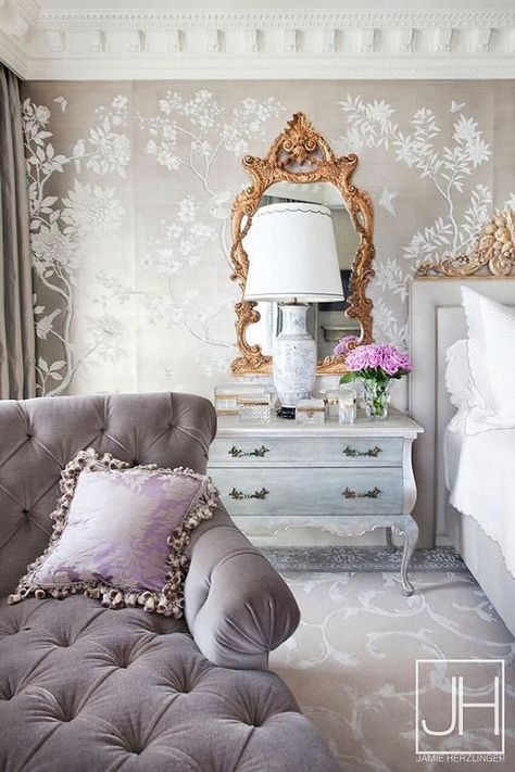 Gray French Bedroom with Gray Velvet Tufted Chaise Lounge French Nightstand, French Bedroom Decor, Gray Bed, Tufted Chaise Lounge, Bedroom Purple, French Country Bedrooms, French Bedroom, Ornate Mirror, Glam Room