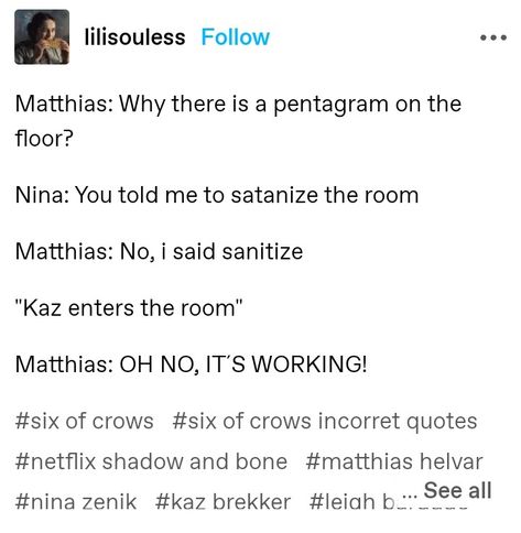 Kanej Six Of Crows Memes, Six Of Crows Funny, Bones Memes, Kazzle Dazzle, Six Of Crows Characters, Crow Club, Caw Caw, Crow Books, Grisha Verse