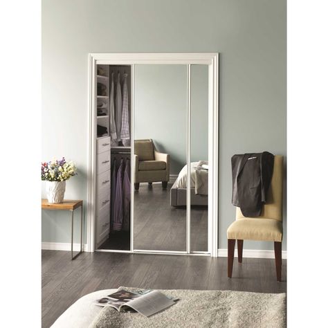 Erias Mirrored Sliding Door Bypass Doors, Mirror Sliding Door, Mirrored Wardrobe Doors, Closet Interior, Mirror Sliding, Sliding Mirror Door, Mirror Closet, White Mirror Frame, Closet Door Hardware