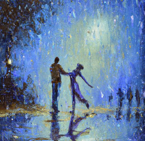 People Dancing In The Rain Drawing, Kissing In The Rain Art, Painting Of Two Lovers, Painting Of People Dancing, Two People Dancing Painting, Dancing In Rain Drawing, Rain Art Aesthetic, Paintings That Represent Love, People Dancing Painting