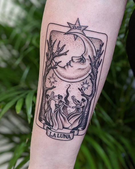 Dancing Around A Fire, La Luna Tattoo, Rebecca Tattoo, Witch Dancing, To Be A Witch, Luna Tattoo, Be A Witch, Tarot Tattoo, Tarot Card Tattoo