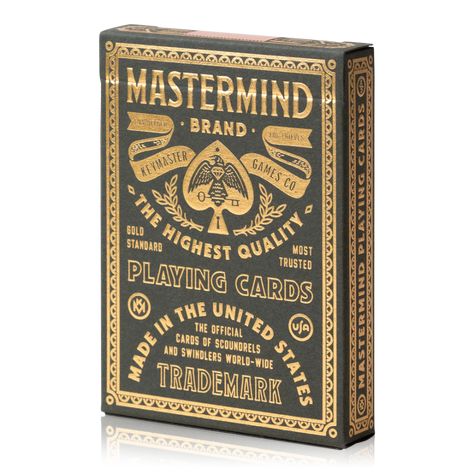 Rest your eyes on the Mastermind Playing Cards, a deck any magician or mastermind would be proud to carry in their back pocket. This deck was produced by the fine folks over at Keymaster Games and designed by Clark Orr Design Co. and has some fantastic design features that should make any illusionist happy - embossed a Magician Archetype, Whiskey Packaging, Luxury Toys, Board Game Design, Magical Home, Designing Ideas, Cowboy Art, Playing Card Deck, Deck Box