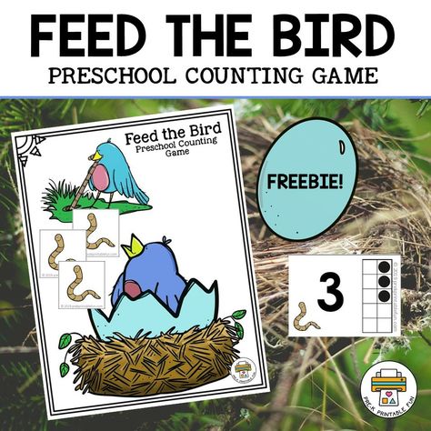 Build early preschool math skills with this fun feed the bird flip and count game. Download your free copy at the bottom of this post.  Feed the Bird Flip and Count Directions: Bird Mat pg. 1  Counting Cards pg. 2 Worm Cards pg. 4 (optional)Assembly Directions:1. Print pgs. 1-2 and 4 (optional)2. Laminate (optional)3. Cut the Counting Cards and Worm Counters.Directions for play: Children flip over a counting card, and “Feed” the Bird the matching number of [...] Feed The Bird Preschool Activity, Quail Activities For Preschool, Bird Literacy Activities Preschool, Bird Preschool, Preschool Birds, Spring Kindergarten Activities, Bird Crafts Preschool, Early Preschool, Preschool Counting