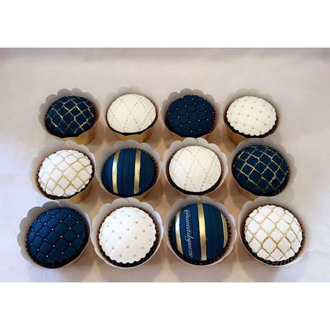 Navy and White Cupcakes Gold And Navy Cupcakes, Navy Blue And Gold 40th Birthday, Navy Blue Cupcakes With Gold, Navy Blue And Gold Cupcakes, Navy Blue Cupcakes, Blue And Gold Cupcakes, Blue Flower Cupcakes, Blue Wedding Cupcakes, Navy Cupcakes