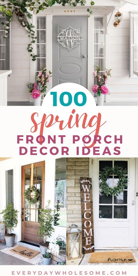 Look at these 100 Spring Front Porch Decor Ideas. Easter including Small Front Porch Ideas like Spring wreaths for Front door & porch decorations & modern front porch. Spring decor farmhouse. Spring Decorating ideas for home. Metal signs, wreaths, chairs, benches, welcome mats, front door mat, welcome to our home sign, rustic wood signs, planters, urns, layered entry mats, and door hangers. #springfrontporch #springfrontdoor #springwreaths #springdecor #springdecorations #spring #easterwreaths Decor For Small Front Porch, Spring Front Porch Decor, Front Porch Decorating Ideas, Small Front Porch Ideas, Spring Front Porch, Spring Porch Decor, Small Front Porch, Door Crafts, Porch Decorating Ideas