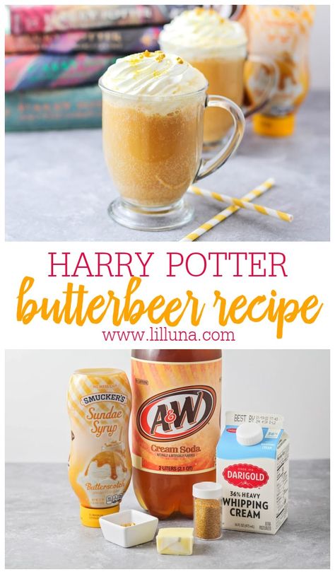 Butterbeer is a rich, delicious chilled drink with butterscotch flavoring. It is alcohol-free, and perfect for sharing on any occasion! #butterbeer #harrypotter #drink #alcoholfree #drinkrecipes Barista Ideas, Movie Night Birthday Party Ideas, Alcoholic Butterbeer, Homemade Butterbeer, Butter Beer Recipe Harry Potter, Frozen Butterbeer, Harry Potter Snacks, Butterscotch Syrup, Movie Night Birthday