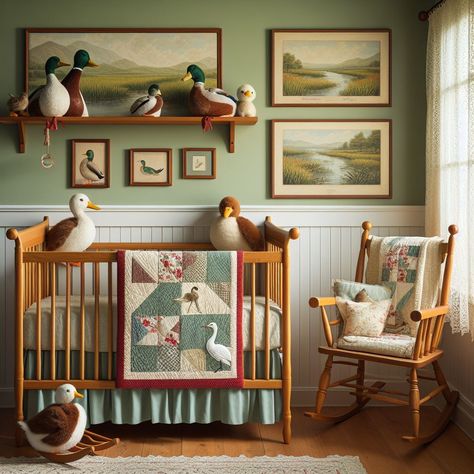 Green Bear Nursery, Cozy Vintage Nursery, Vintage Eclectic Nursery, Retro Nursery Ideas, Vintage Duck Nursery, Vintage Hunting Nursery, Vintage Boy Nursery, Vintage Woodland Nursery, Vintage Baby Boy Nursery