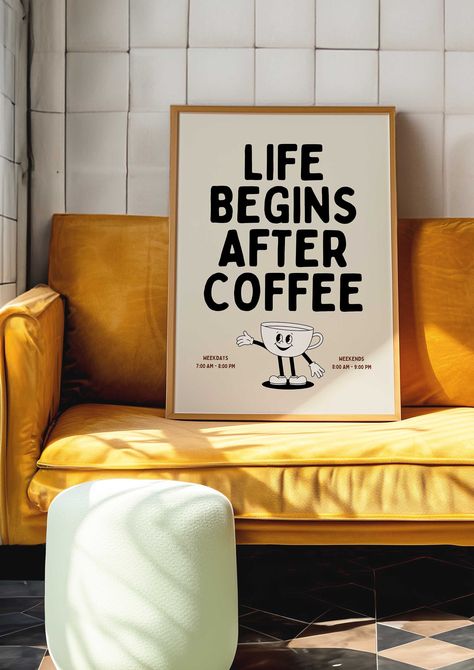 Life begins after coffee poster/ Retro Poster/Gallery wall/ Contemporary home decor/ Gift for a friend/ Kitchen decor/ Trendy poster Coffee Poster Design, Life Begins After Coffee, Poster Gallery Wall, Coffee Poster, Contemporary Home Decor, Poster Retro, Trendy Decor, Contemporary Home, Gift For A Friend