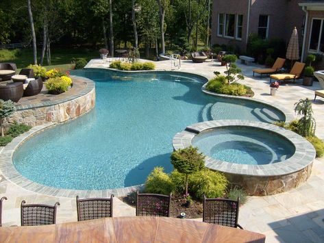 Custom Pools For $70,000 to $100,000 - Anthony & Sylvan Pools Pools With Hot Tubs, Anthony Sylvan Pools, Custom Inground Pools, Living Pool, Freeform Pools, Infinity Pools, Small Swimming Pools, Pool Picture, Tropical Pool