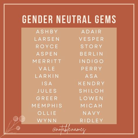 I love a gender neutral name! I'm not sure what it is about them, but I'm constantly drawn to them. I'll see a name I like, find out it's gender neutral and then fall in love a little bit more. Could it be that they always have such a cool vibe? It's quite possible. Check out these stunning gender neutral names! Which one would you add to your name list? #names #genderneutralnames #babynames #babynameinspo #babynameideas #babynamesuggestions #babyname #babynameinspiration Gender Neutral Names List, Unique Gender Neutral Names, Fall Names, Neutral Names, M Names, Writing Planning, Writing Inspiration Tips, Sign Language Alphabet, Best Character Names