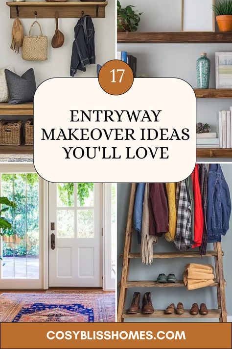 17 creative entryway makeover ideas are here to improve your home's first impression! From fun statement walls and trendy floating shelves to cozy rug refreshes and even a chalkboard wall, these DIY projects will make your space both stylish and inviting. Sprucing up your entryway is a simple way to enhance your home decor, create a warm welcome, and impress your guests. Grab your tools and get inspired to transform that hallway into a charming reflection of your personality today! Diy Home Entryway, Floating Shelves In Hallway, Pony Wall Entryway, Shelves In Hallway, Drop Zone Ideas Entryway, Entryway Floating Shelves, Creative Entryway, Drop Zone Ideas, Entryway Organizer Wall