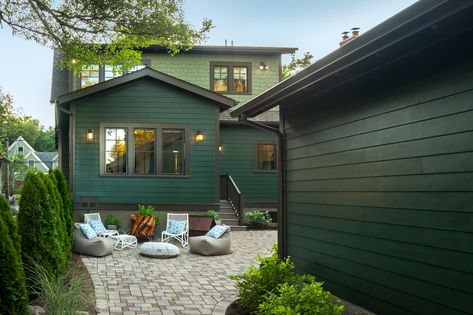 An Oasis in an Urban Neighborhood - Craftsman - Exterior - Detroit - by Studio Z Architecture | Houzz Green House With Black Trim, Craftsman Bungalow Exterior Colors, Forest Green House, Craftsman House Colors, Craftsman House Exterior, Craftsman Bungalow Exterior, Urban Neighborhood, Green Exterior House Colors, Mobile Home Exteriors