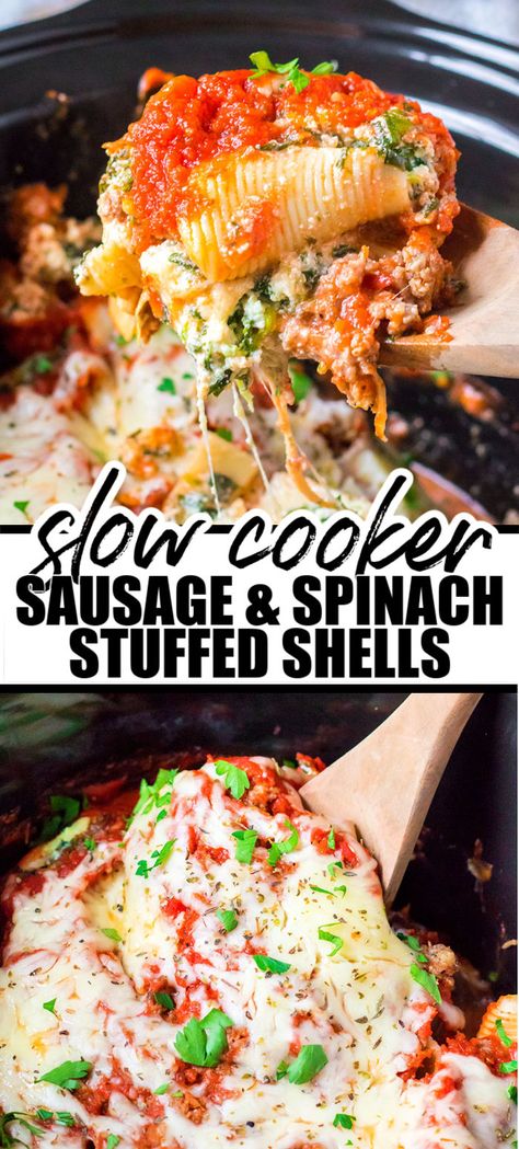 Slow Cooker Stuffed Shells with Sausage and Spinach is an easy crockpot meal. Jumbo shells filled with a cheesy spinach mixture and then topped with a browned sausage (or ground beef!) sauce is an easy, comforting family favorite. Slow Cooker Stuffed Shells, Sausage And Spinach Stuffed Shells, Stuffed Shells With Sausage, Ground Beef Sauce, Hamburger Meals, Jumbo Shells, Maple Dressing, Slow Cooker Sausage, Sausage And Spinach