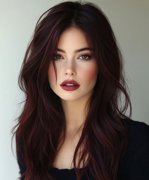 Cool Burgundy Hair Color, Burgundy Hair Green Eyes, Deep Cherry Red Hair Burgundy, Red Chocolate Hair Color, Black Burgundy Hair, Brunette To Red Hair, Deep Brunette Hair, Ruby Red Hair Color, Violet Hair Color