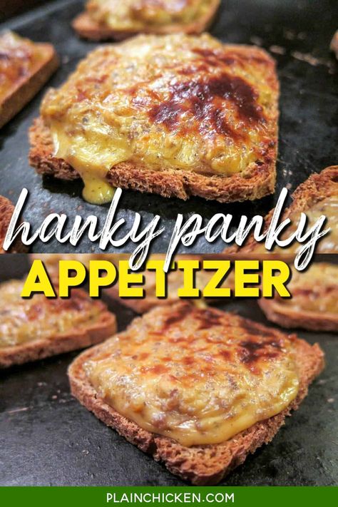 Hanky Panky Appetizer - Sausage & Cheese on Party Rye Bread – SUPER simple to make and tastes great! Sausage, Velveeta, garlic powder, and Worcestershire sauce baked on top of party rye bread. This is our GO-TO appetizer recipe for snacks for parties, game days, and holiday mornings! You can make these party bread in advance and freeze them for later. Gameday Breakfast, Hanky Panky Recipe, Appetizer Sausage, Rye Bread Sandwiches, Party Bread, Sausage Appetizers, Football Friday, Rye Bread Recipes, Sausage Bread