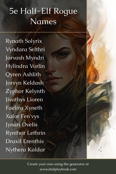 Half-Elf Rogues combine elven dexterity with human resourcefulness. These characters excel in stealth and deception, making them perfect for tasks requiring precision and subtlety. Types Of Dnd Characters, Dnd Group Names, Dnd Last Names, Mythical Female Names, Half Elf Names, Orc Names, Rpg Names, Fantasy Male Names, Elven Names