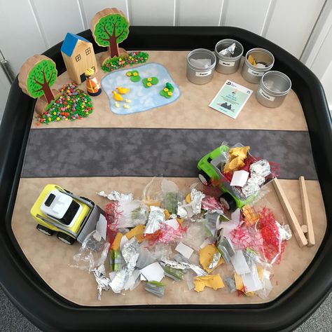 The construction play mat was a great choice to create a recycling centre. By adding in a selection of different materials, forceps and sorting pots…this activity is a great one for sorting and fine motor skills. Its also a great introduction to the importance of recycling too. ♻️🌳🌍💚 #recycle #recycling #finemotorskills #playmat #tufftray #theplaymatshop #playmatplay Recycling Role Play Area, Recycling Tuff Tray, Recycling Tuff Tray Ideas, Recycling Week Activities Toddlers, Recycling Projects For Preschool, Recycling Eyfs, Recycling Preschool, Tuff Table, Recycle Preschool