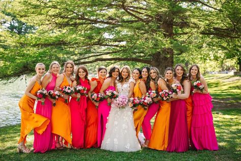 Hot Pink And Orange Bridesmaid Dresses, Bright Pink And Orange Bridesmaid Dresses, Pink Orange And Yellow Bridesmaids, Orange Pink Blue Wedding Bridesmaid Dresses, Red Pink Orange Wedding Bridesmaid Dresses, Pink Orange Yellow Wedding Bridesmaid Dresses, Vibrant Wedding Colors Bridesmaid, Pink And Orange Bridesmaids, Sunrise Wedding Colors