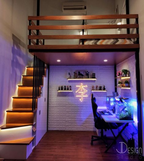 Bunk Bed And Wardrobe, Loft Bed Minimalist, Lofted Bed With Stairs, Loft Decorating Ideas Upstairs Modern, Loft Bed Work Space, Room With Upstairs Bed, Bedroom With Stairs To Bed, 4 Loft Beds In One Room, Loft Bed Ideas For Studio Apartments