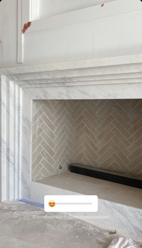 Herringbone Fireplace, Cast Stone Fireplace Surround, Cast Stone Fireplace, Stone Fireplace Surround, Home Fireplace, Fireplace Makeover, Cast Stone, Living Room Remodel, Fireplace Tile