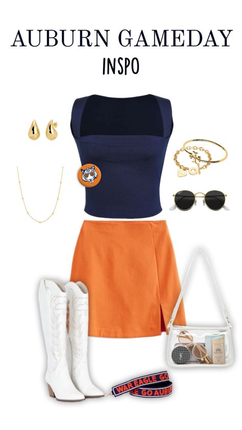 auburn gameday, college football, cowboy boots, orange skirt, sunglasses, clear bag, auburn bag strap, gold jewelry, outfit goals, auburn outfit, auburn football, fit inspo Auburn Gameday Outfit, Gold Jewelry Outfit, College Outfits Skirt, Auburn Gameday, Bama Gameday, College Gameday Outfits, Rush Outfits, Auburn Football, Football Game Outfit