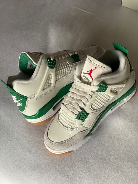 Two Jordan 4s, nike sb collab, green, cream, white, tan, puffy shoes, summer shoes, sneakers, aesthetic sneakers, flight shoes cool, Jordan 4 Nike Jordan 4 Outfit, Puffy Shoes, Jordan 4 Outfit Women, Jordan 4 Shoes, Jordan 4 Off White, Flight Shoes, Nike Gym Shoes, Jordan 4 White, Shoes Wallpaper