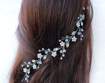 Long Hair Vine, Opal Hair, Sweet 17, Hair Vine Bridal, Wedding Hair Vine, Pearl Hair Vine, Rhinestone Headpiece, Wedding Hair Jewelry, Crystal Hair Vine