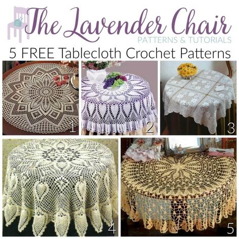 5 FREE Tablecloth Crochet Patterns - The Lavender Chair Mantel Redondo A Crochet, Tablecloth Patterns, Lavender Chair, The Lavender Chair, Crochet Table Topper, Pattern Batik, Crochet Placemat Patterns, Crochet Tablecloth Pattern, Free Crochet Doily Patterns