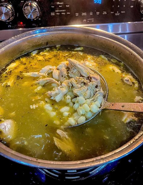 How To Make Pozole, Chicken Pozole Verde, Chicken Pozole Recipe, Hominy Soup, Chicken Pozole, Chicken Whole, Pozole Verde, Pozole Recipe, Verde Sauce