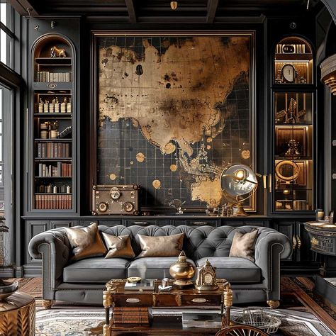 Crafting an Industrial Fantasy with Steampunk Interior Design • 333+ Art Images Victorian Industrial Decor, Steam Punk Interior Design, Steam Punk Office, Steampunk Living Room Ideas, Steampunk House Interiors, Steampunk Living Room, Steampunk Interior Design, Steampunk Bedroom, Steampunk Kitchen