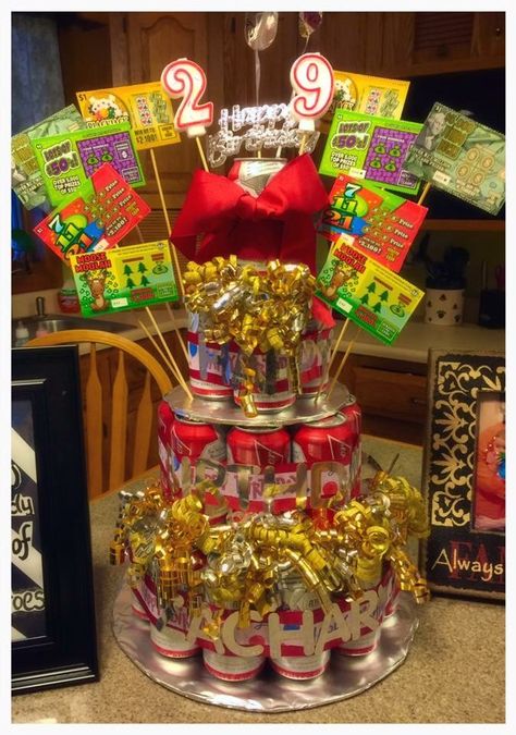 Three tiered beer cake with scratch ticket topper.  Made a fun beer cake for my husbands 29th birthday. He LOVED IT Husbands 29th Birthday Ideas, Husband 29th Birthday Ideas, 50th Birthday Lottery Ticket Gift, Diy Beer Cake, 40th Birthday Lottery Tickets, 30th Birthday Lottery Ticket Gift, 29th Birthday Gifts, Diy Beer, Beer Cake