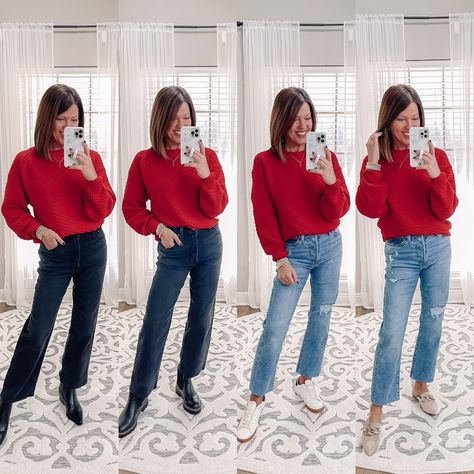 Teachers Outfits, Red Sweater Outfit, Sweater Outfit Ideas, Christmas Sweater Outfits, Red Christmas Sweater, Colorful Wardrobe, Summer Slide, Sweater Outfit, Summer Jeans